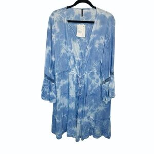 Raviya Plus Size Tie-Dyed Bell-Sleeve Cover-Up Ocean Tie Dye Blue 1X New